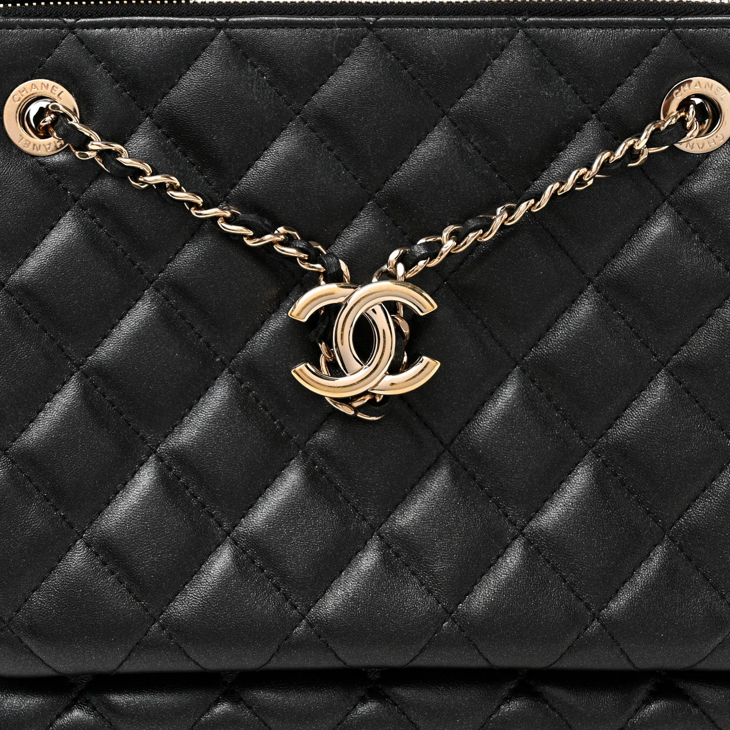 Shiny Lambskin Quilted Medium Double Case With Strap Black