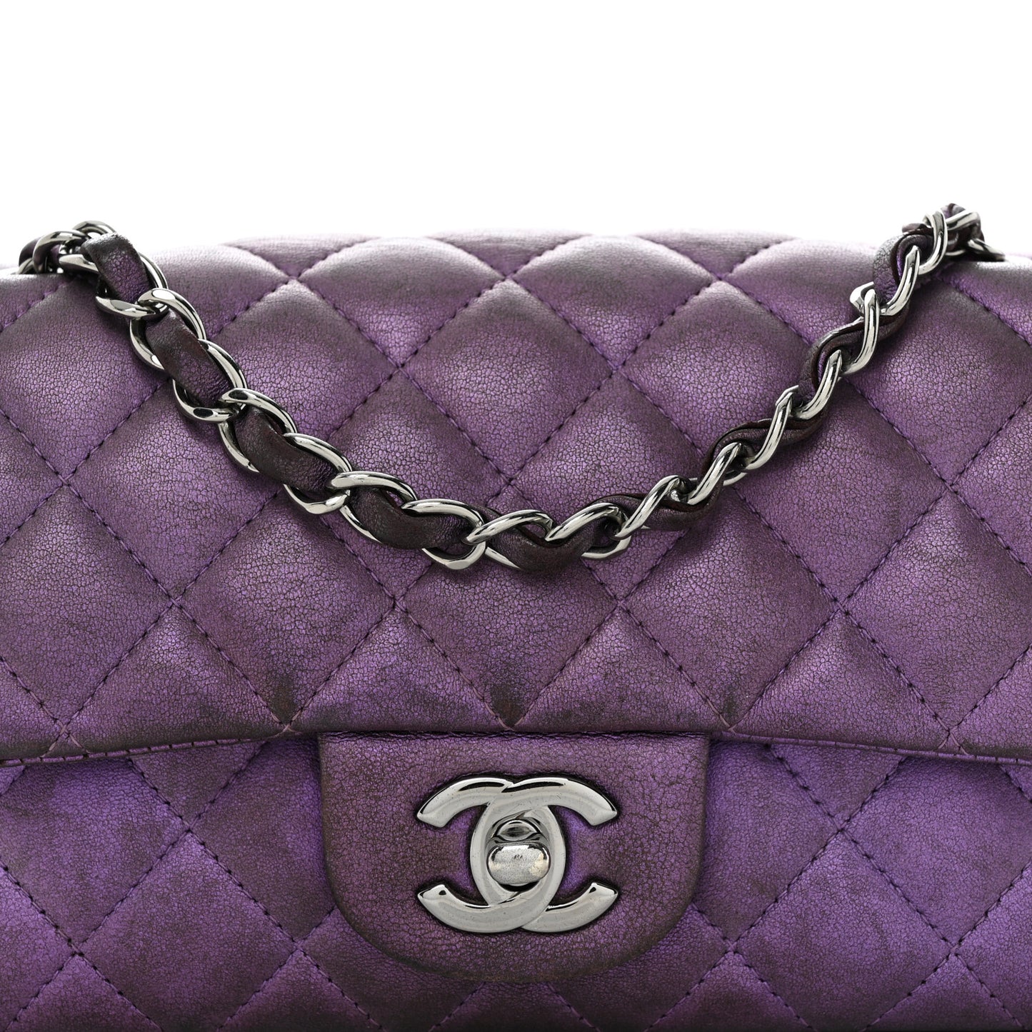 Iridescent Lambskin Quilted Mini Rectangular Flap Dark Purple
