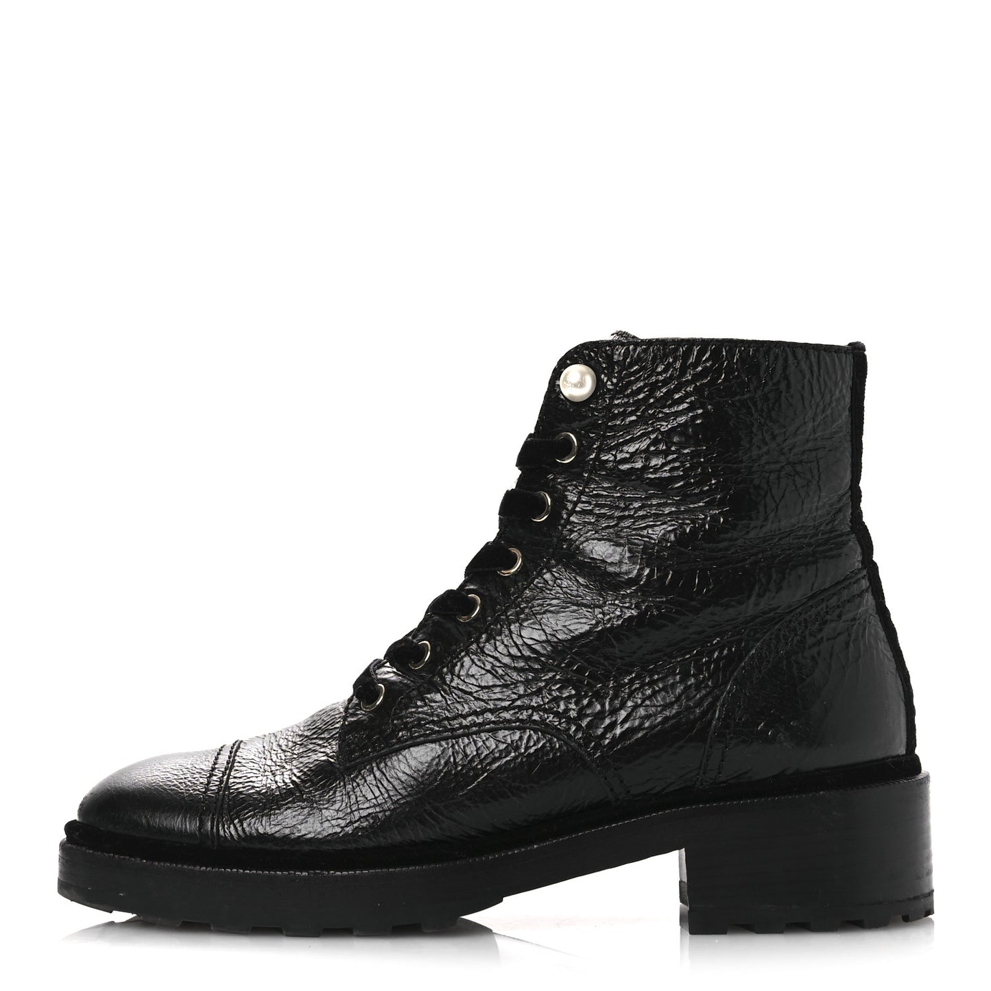Shiny Calfskin Velvet Pearl Combat Short Boots 41 Black