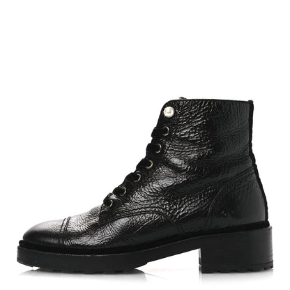 Chanel Shiny Calfskin Velvet Pearl Combat Short Boots 41 Black 1 of 14