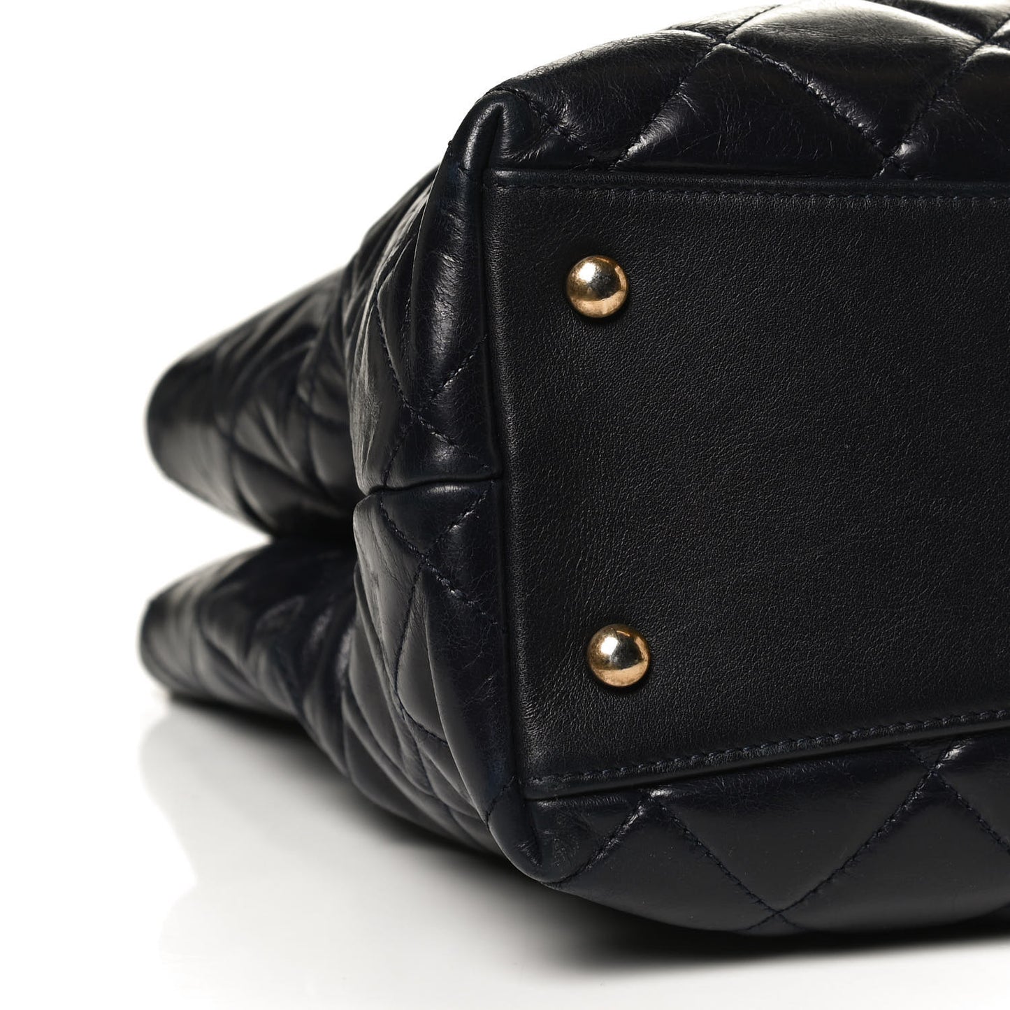 Calfskin Quilted Large Gold Bar Top Handle Tote Dark Navy Blue