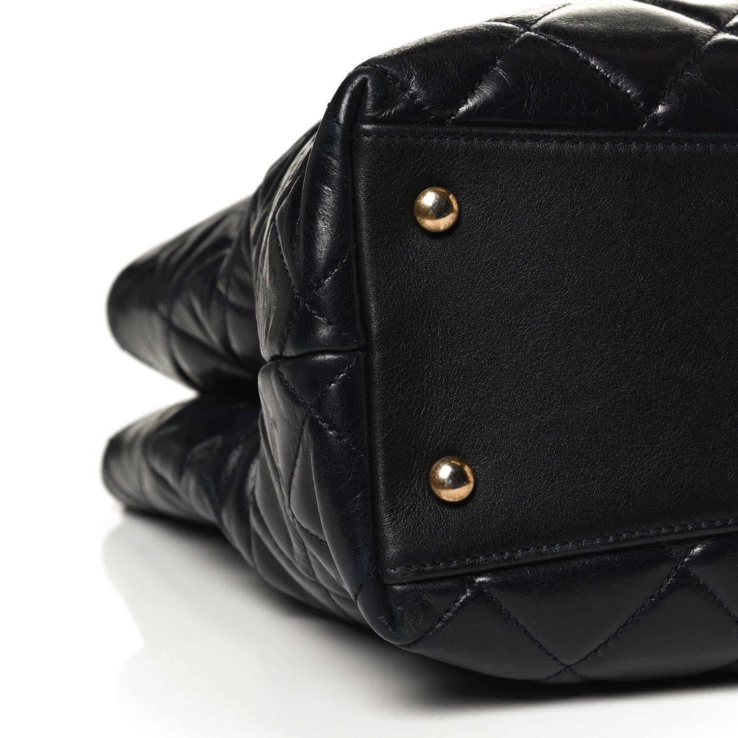 Chanel Calfskin Quilted Large Gold Bar Top Handle Tote Dark Navy Blue 10 of 11