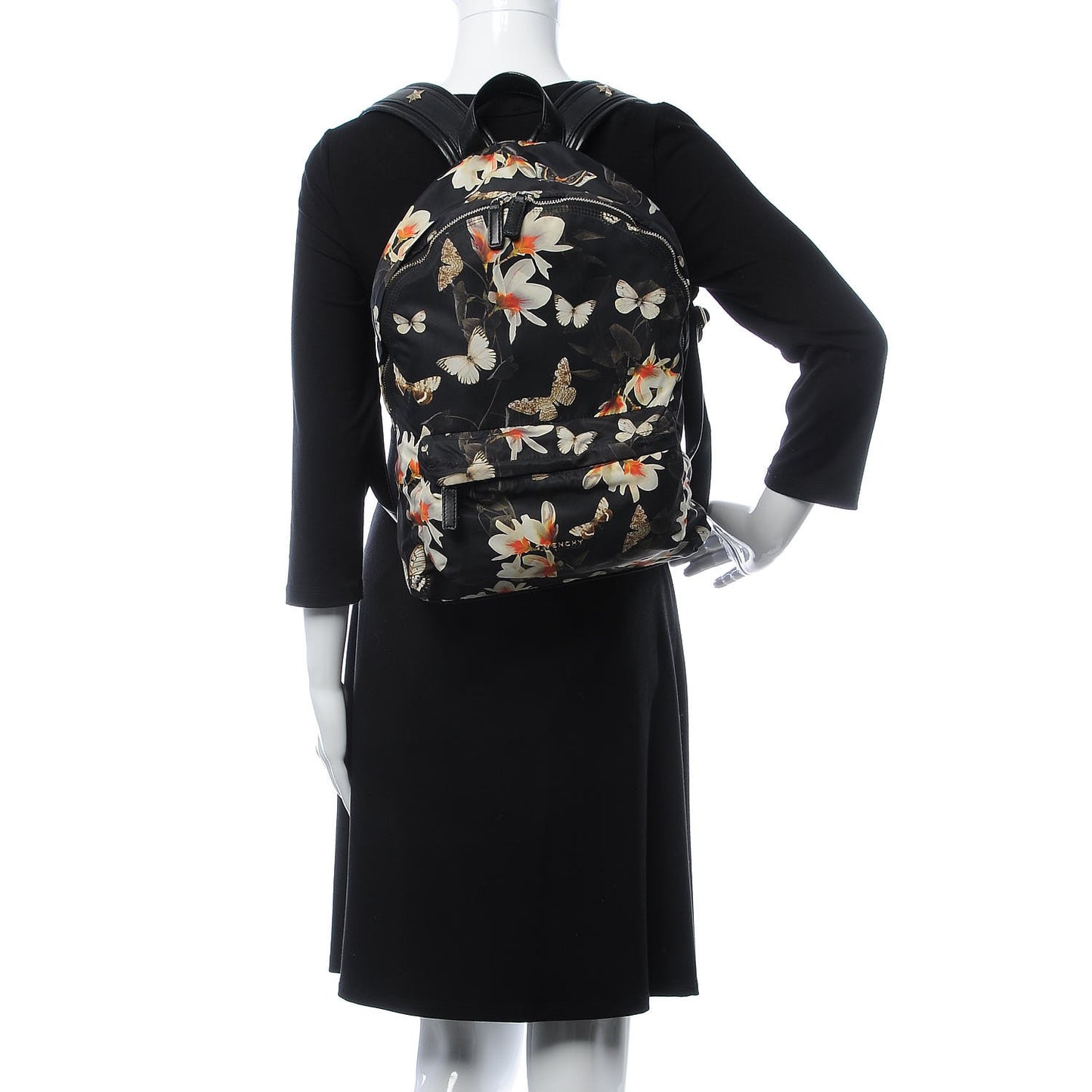 Nylon Calfskin Magnolia and Moth Print Backpack Black