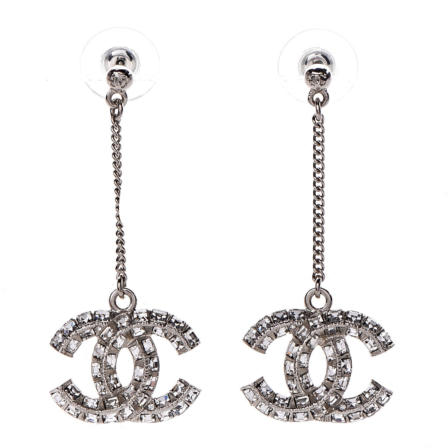 Baguette Crystal CC Drop Earrings Silver