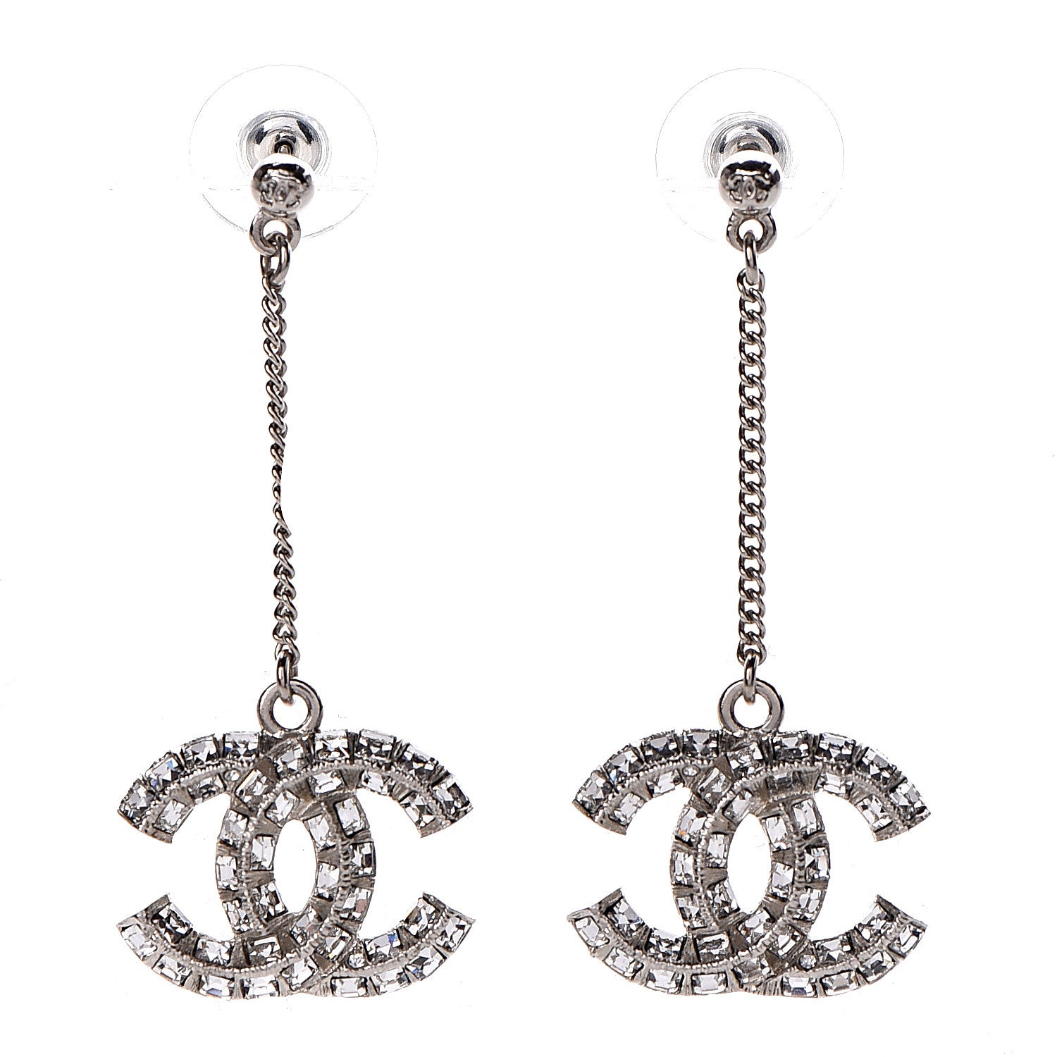 Chanel Baguette Crystal CC Drop Earrings Silver 1 of 3