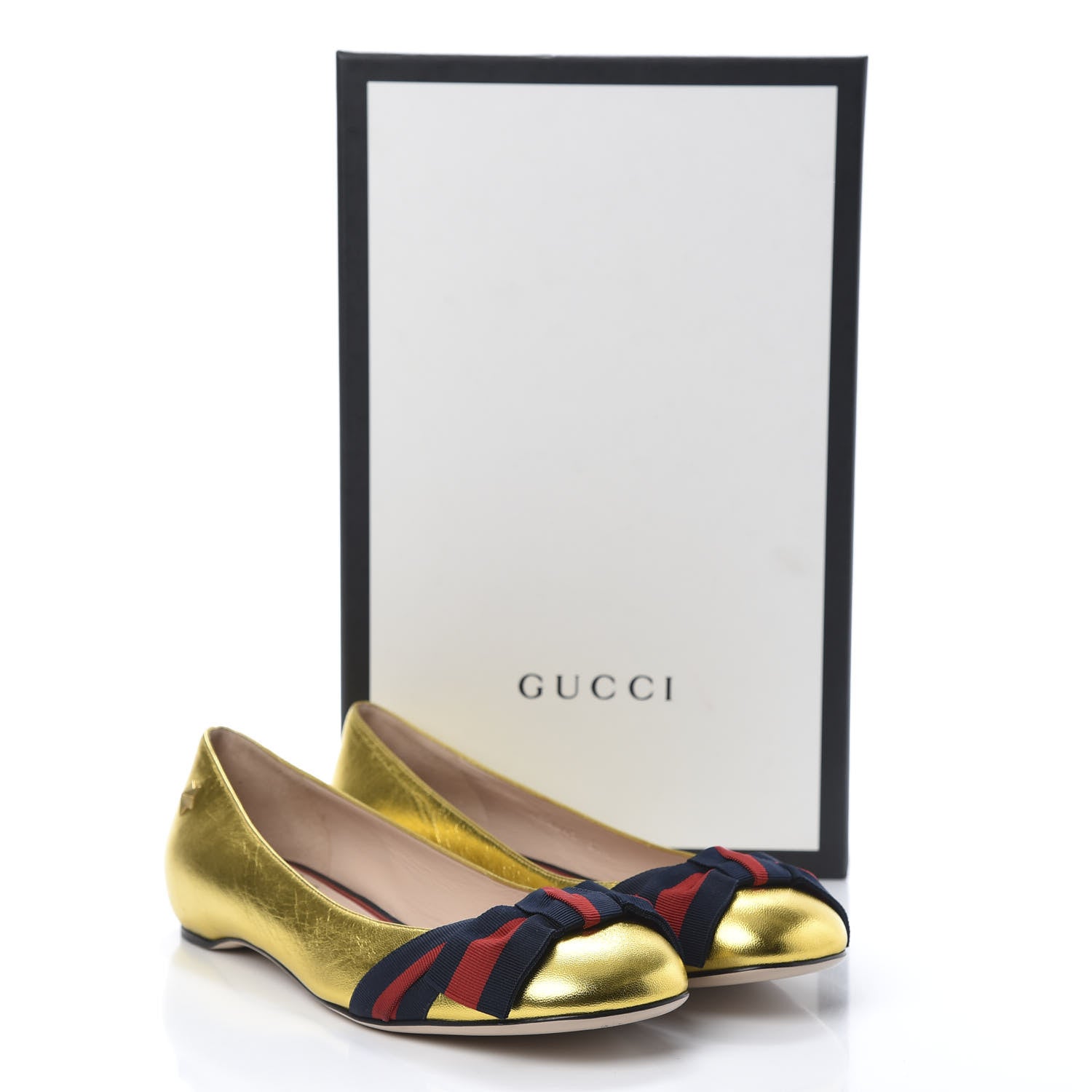 Gucci Metallic Nappa Silk Web Ballerina Flat 37.5 Gold 10 of 10