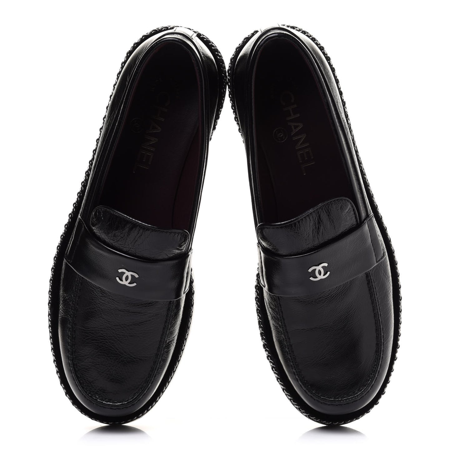 Crinkled Calfskin Velvet CC Chain Mocassin Loafers 38 Black