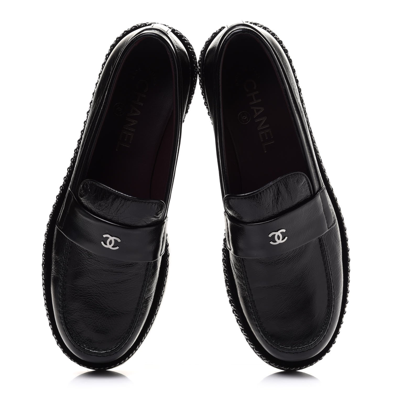 Chanel Crinkled Calfskin Velvet CC Chain Mocassin Loafers 38 Black 5 of 10