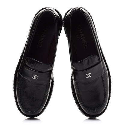 Chanel Crinkled Calfskin Velvet CC Chain Mocassin Loafers 38 Black 5 of 10