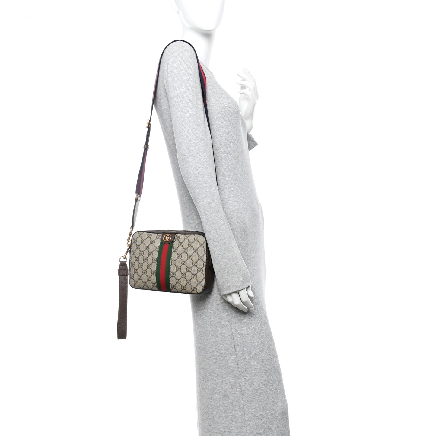 GG Supreme Monogram Textured Dollar Calfskin Web Ophidia Wristlet Shoulder Bag Beige Ebony New Acero