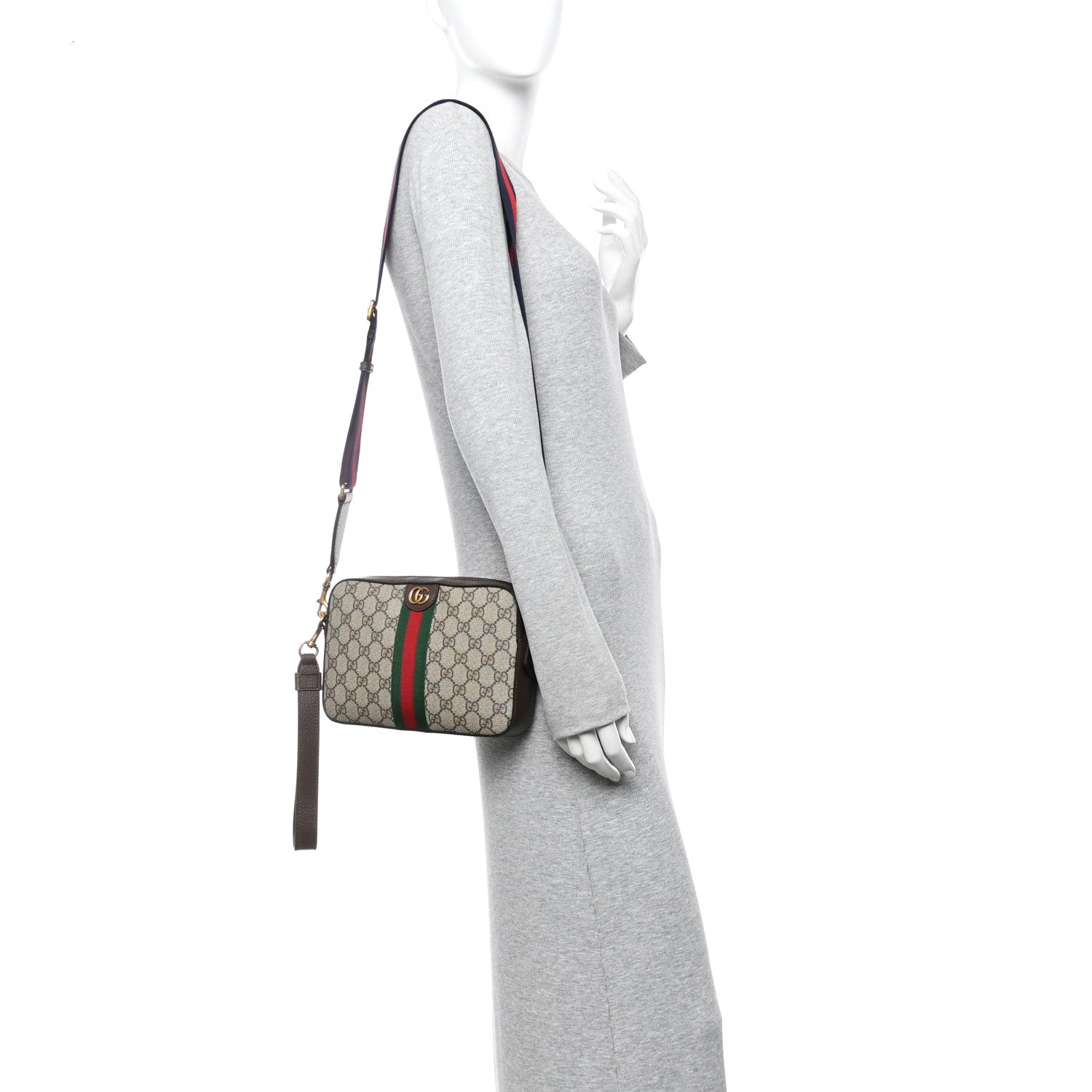 Gucci GG Supreme Monogram Textured Dollar Calfskin Web Ophidia Wristlet Shoulder Bag Beige Ebony New Acero 2 of 10