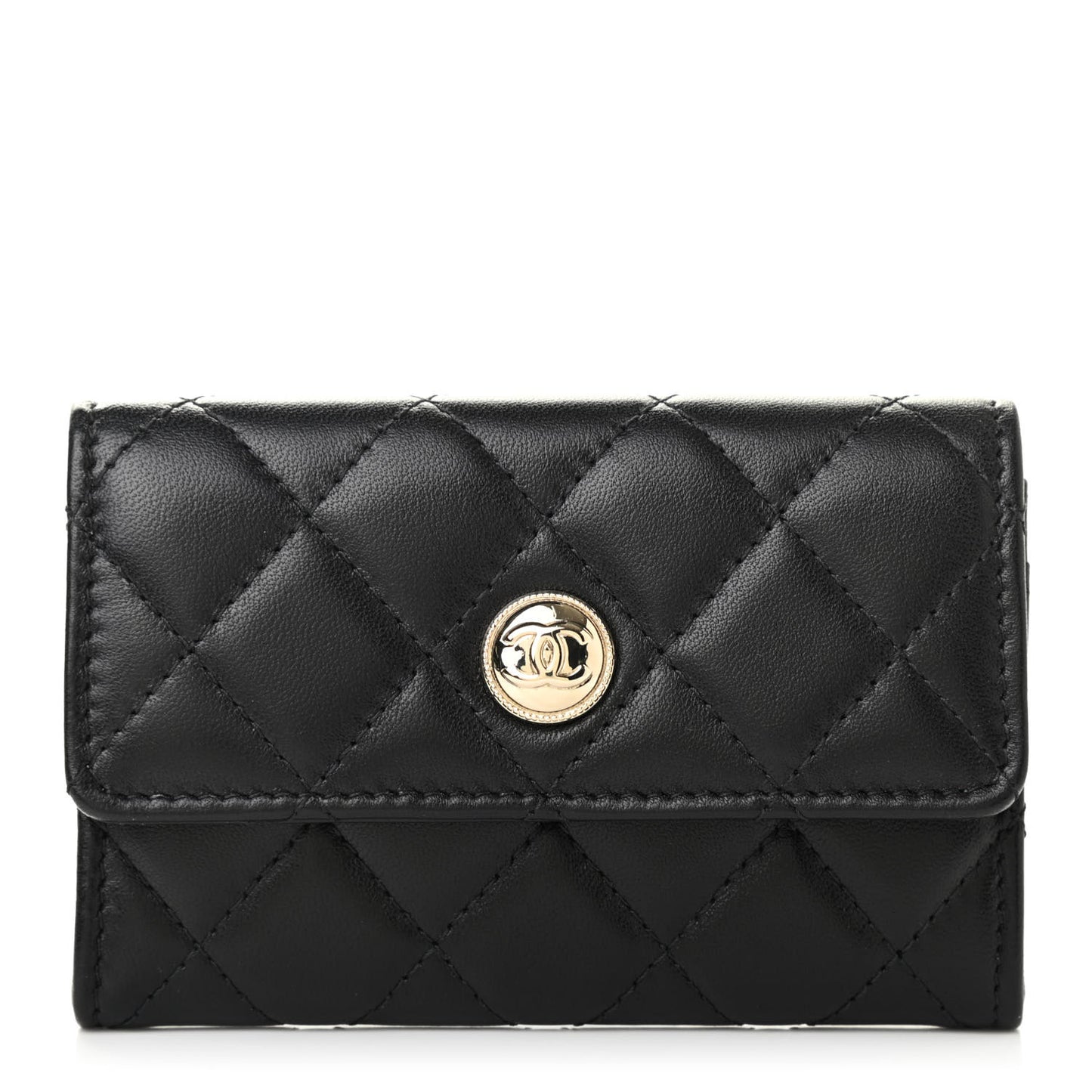 Lambskin Quilted CC Button Flap Card Holder Black