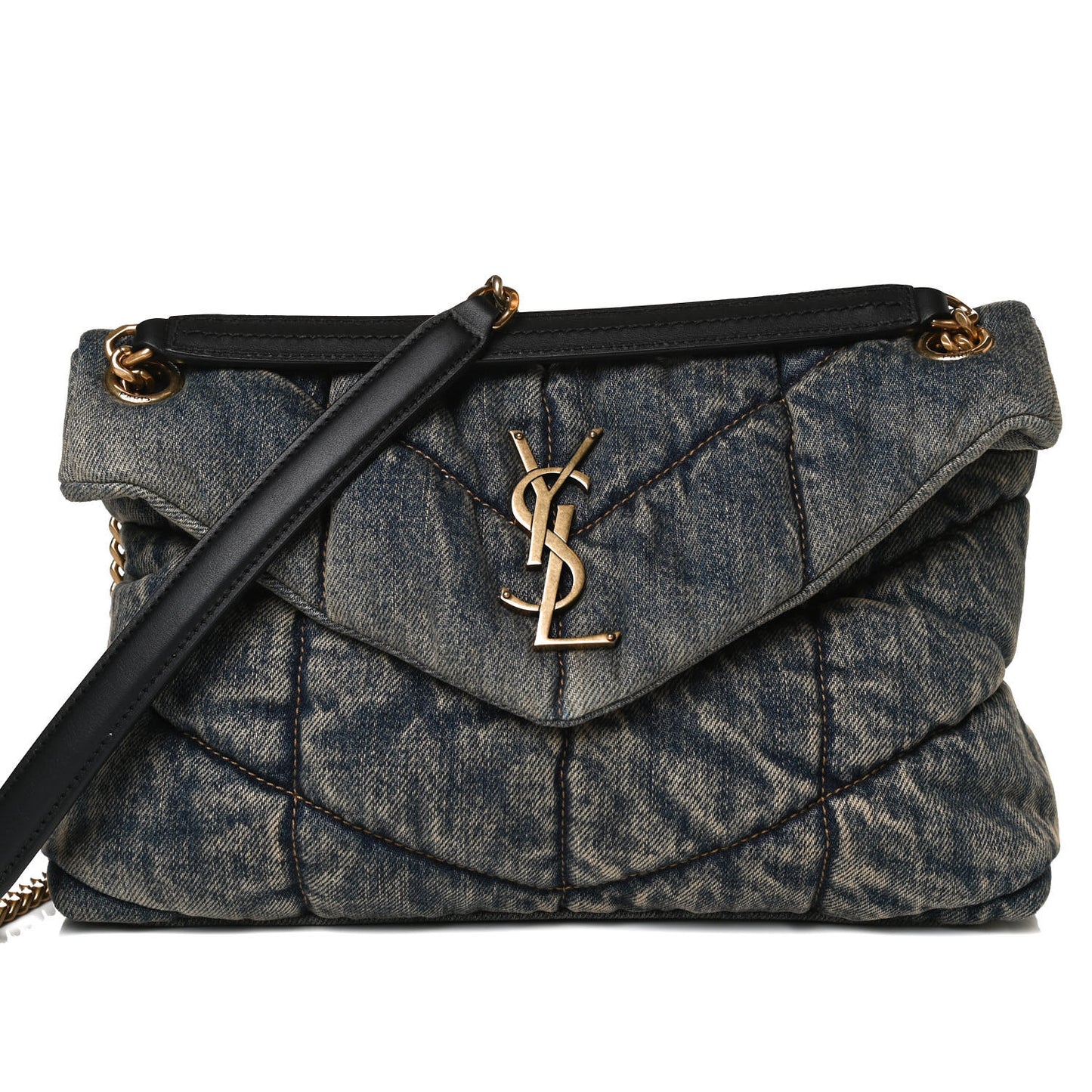 Denim Quilted Small Loulou Puffer Monogram Chain Satchel Rodeo Blue