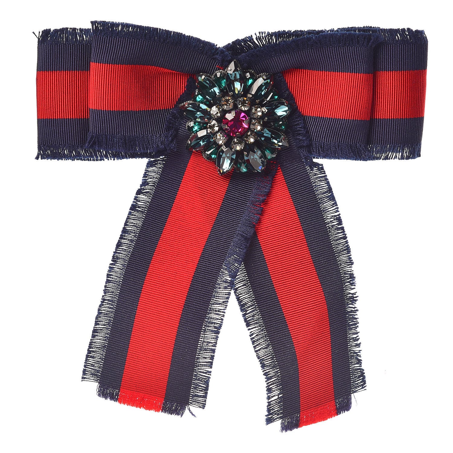 Gucci Grosgrain Web Crystal Bow Brooch Blue Red 1 of 6