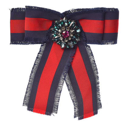 Gucci Grosgrain Web Crystal Bow Brooch Blue Red 1 of 6