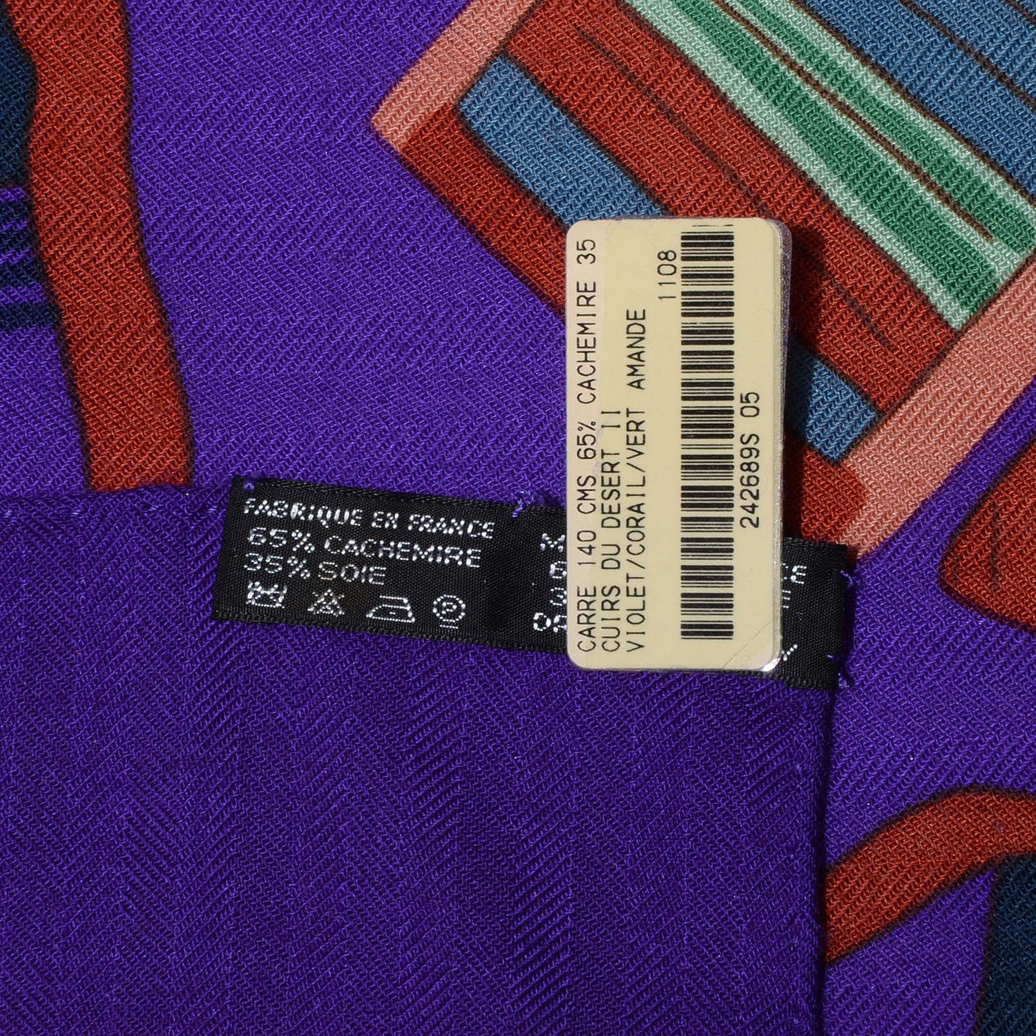 Hermes Cashmere Silk Cuirs Du Desert II Scarf Violet Corail Vert Amande 140 6 of 6