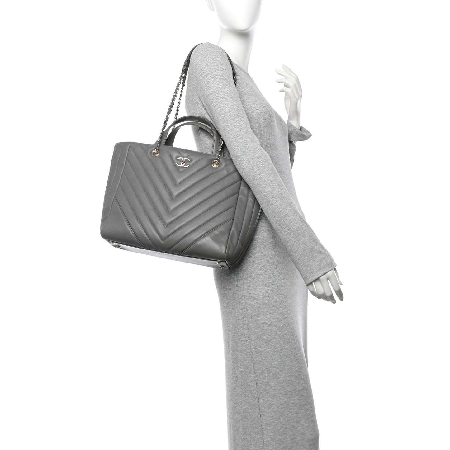 Calfskin Chevron Quilted Statement Shopping Tote Grey