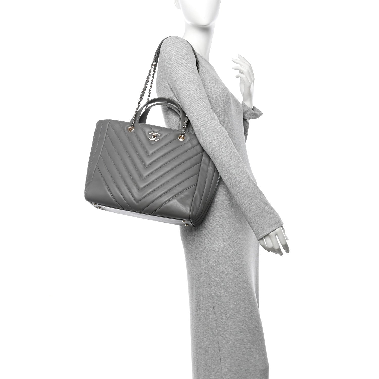 Chanel Calfskin Chevron Quilted Statement Shopping Tote Grey 3 of 21
