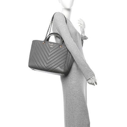 Chanel Calfskin Chevron Quilted Statement Shopping Tote Grey 3 of 21