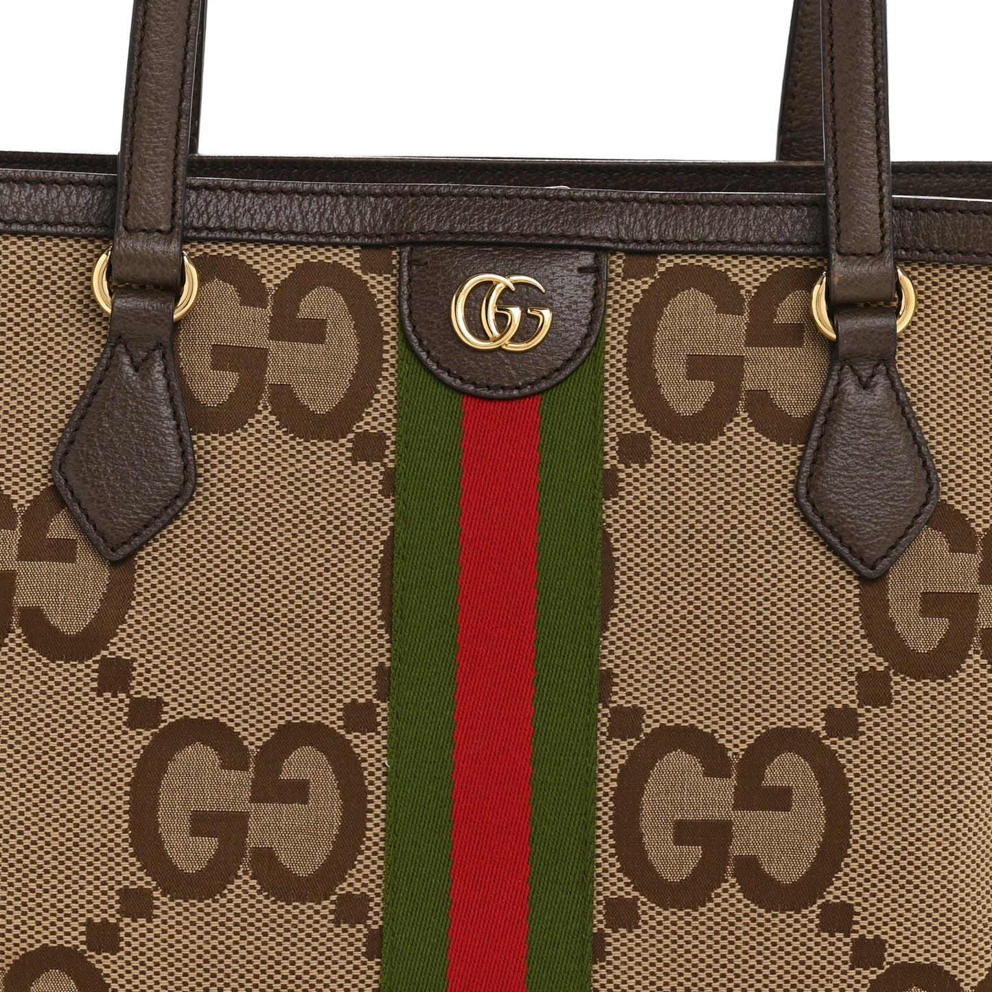 Monogram Jumbo GG Textured Dollar Calfskin Web Medium Ophidia Shopping Tote Camel Ebony