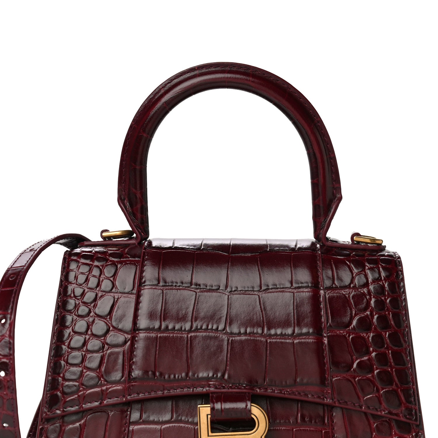 Balenciaga Shiny Calfskin Crocodile Embossed Hourglass Top Handle Bag XS Dark Red 7 of 9