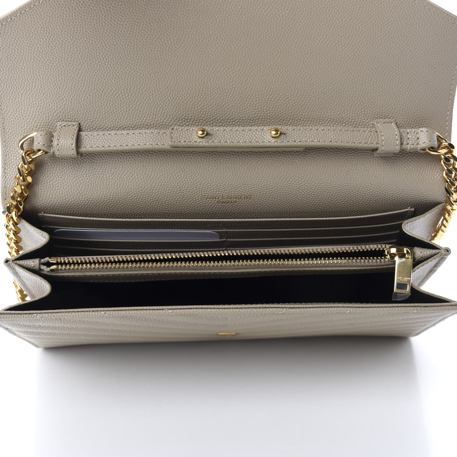 Saint Laurent Grain De Poudre Matelasse Chevron Monogram Chain Wallet Dark Beige 5 of 11