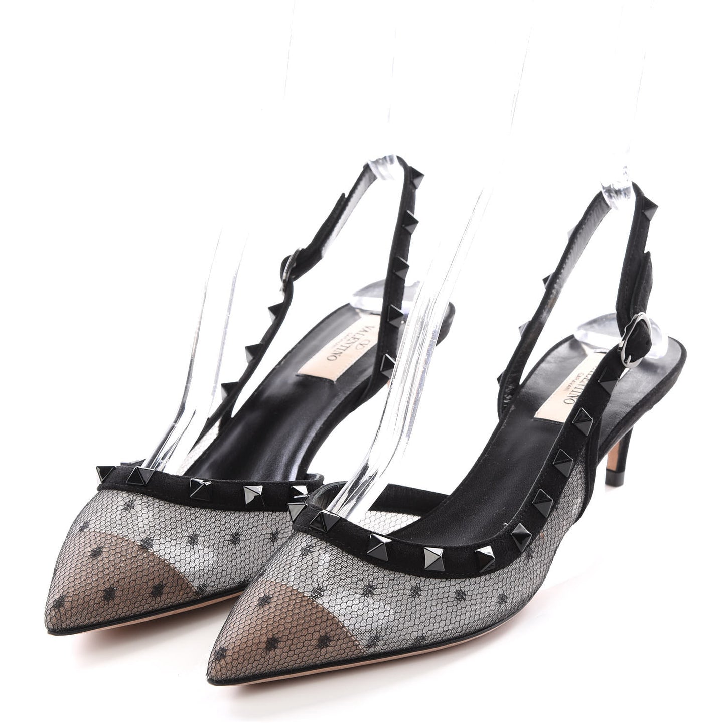 Mesh Point d'Esprit Rockstud Half D'Orsay Slingback 50mm Pumps 38 Black