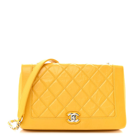Shiny Aged Calfskin Quilted Flap Yellow