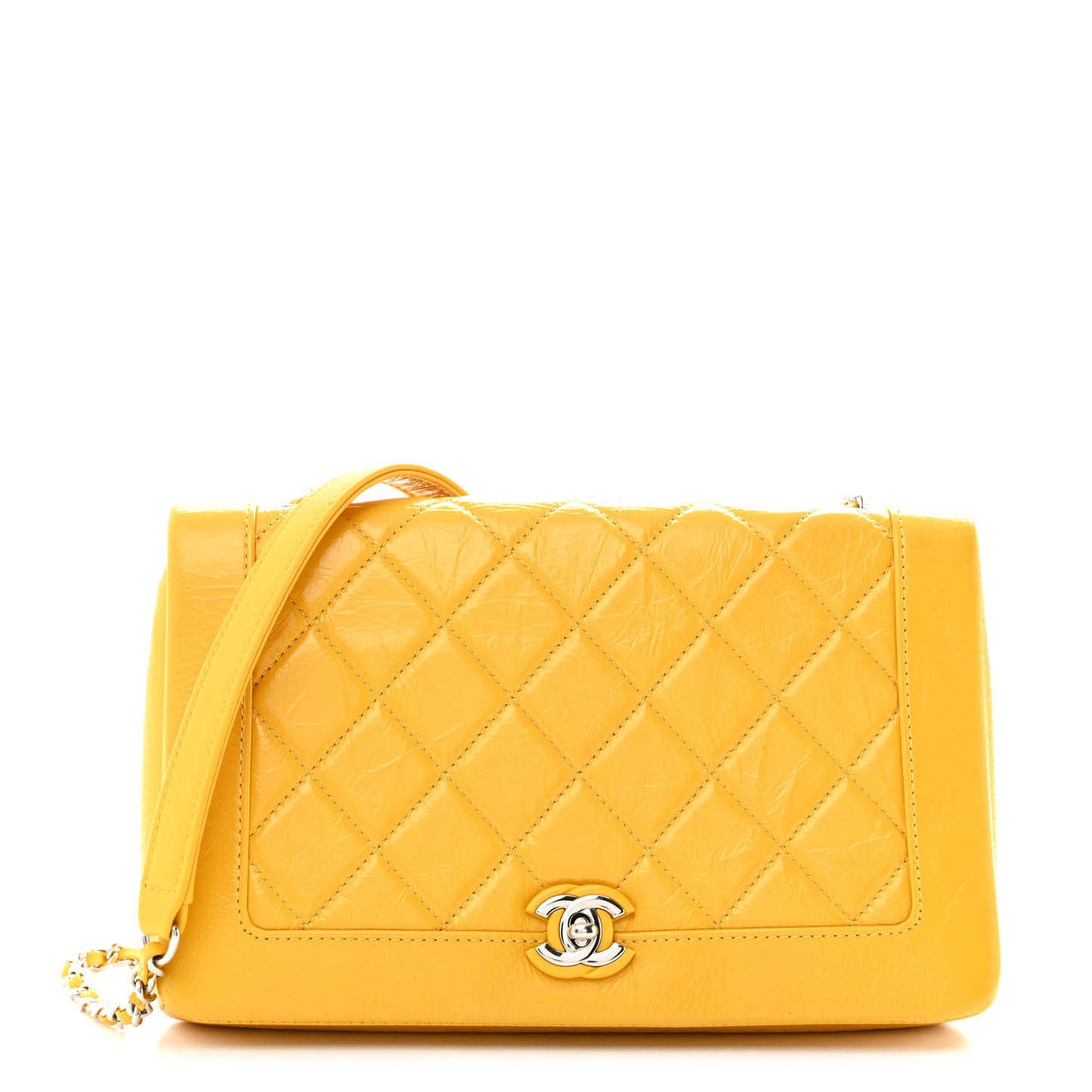 Shiny Aged Calfskin Quilted Flap Yellow