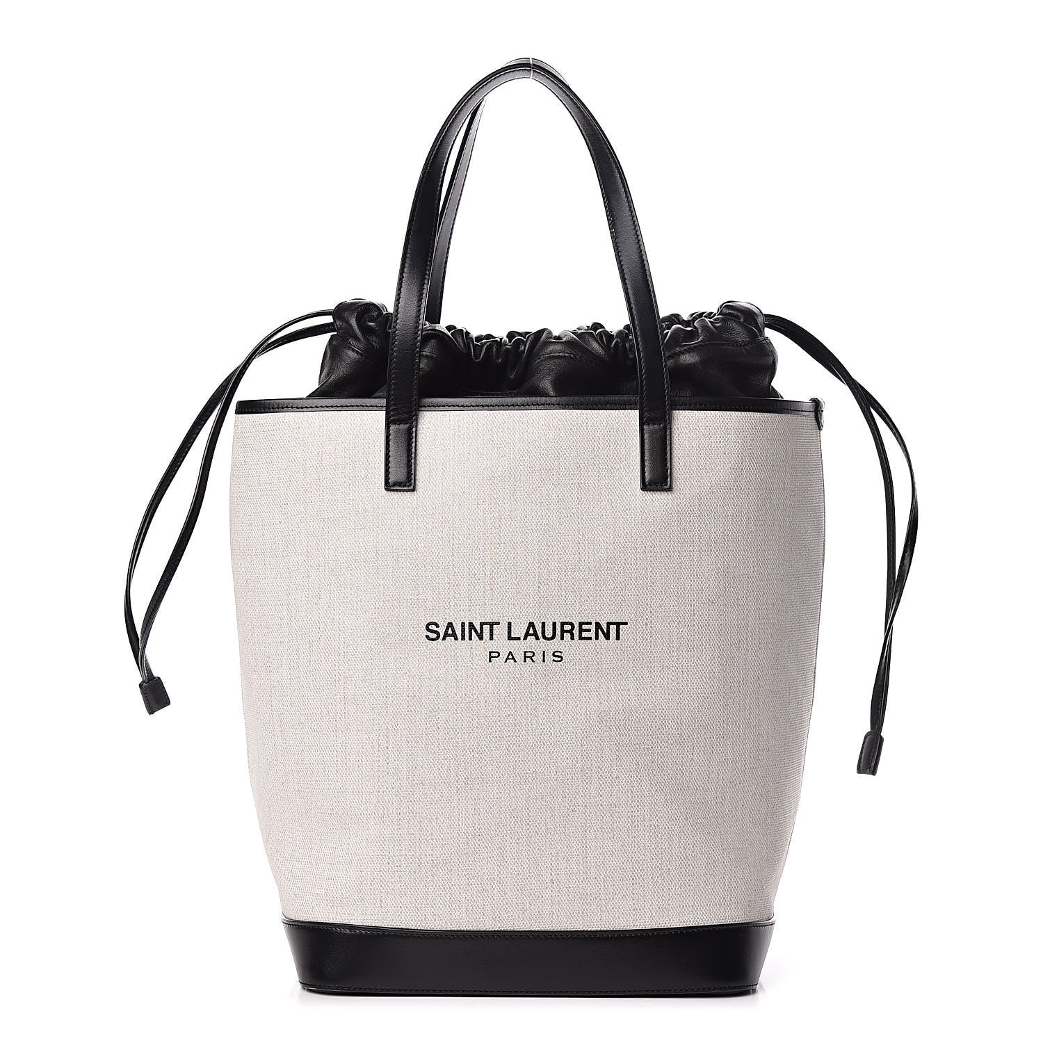 Saint Laurent Canvas Calfskin Teddy Drawstring Shopping Tote White Black 3 of 13