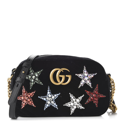 Gucci Velvet Matelasse Crystal Star Embroidered Small GG Marmont Chain Shoulder Bag Black 1 of 10