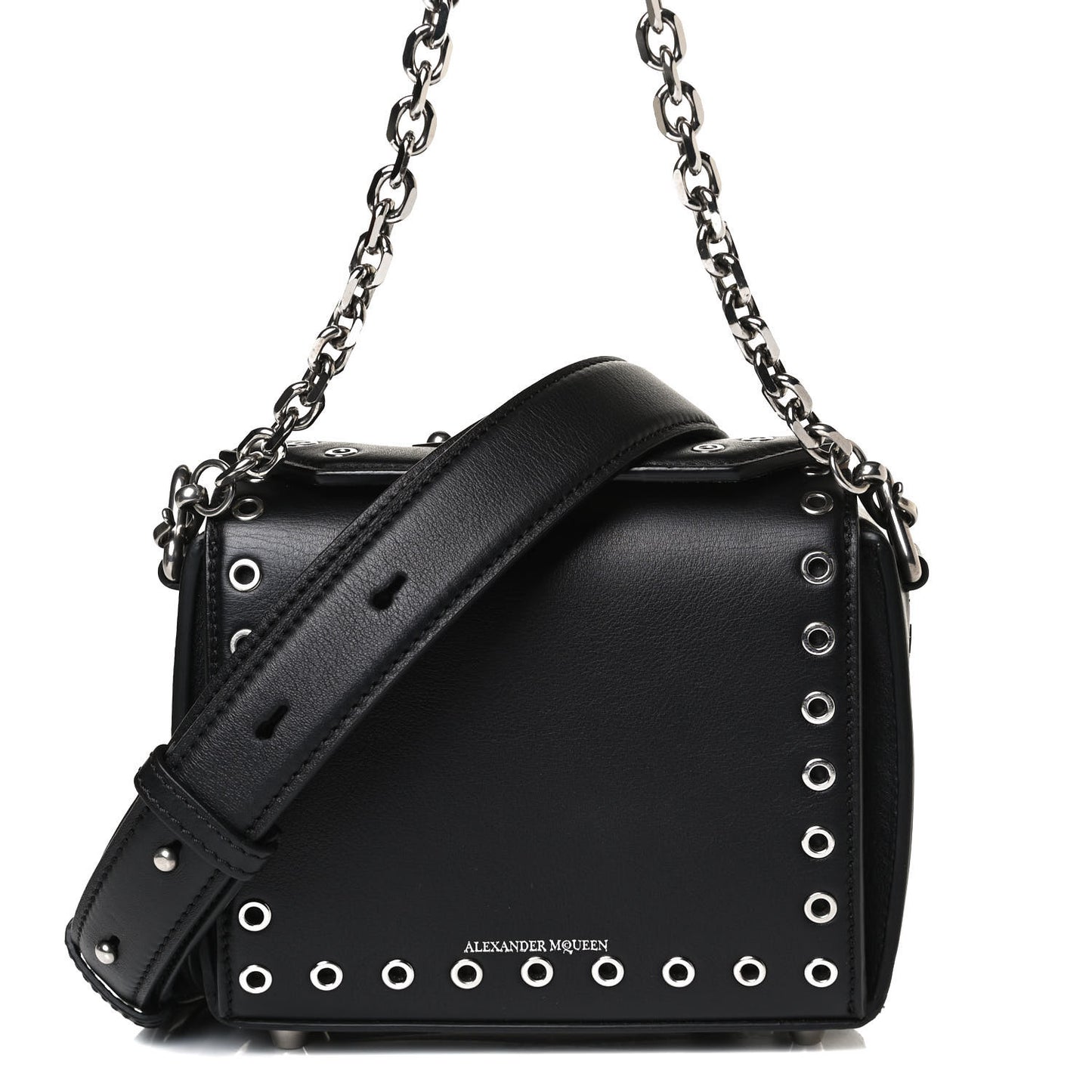 Fine Grain Goatskin Perforated Box Shoulder Bag 16 Black