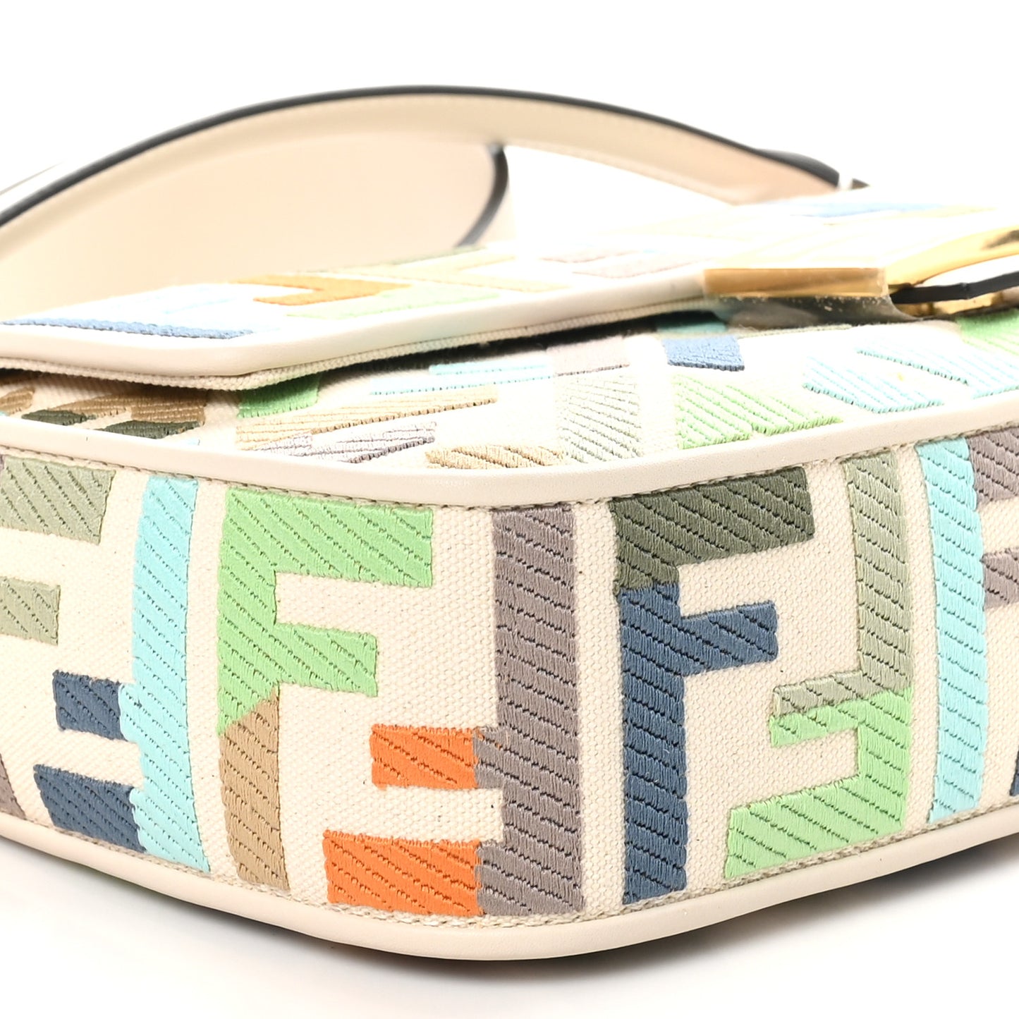 Canvas Vitello Seta FF Multicolor Embroidered Baguette Grezzo Multicolor Latte