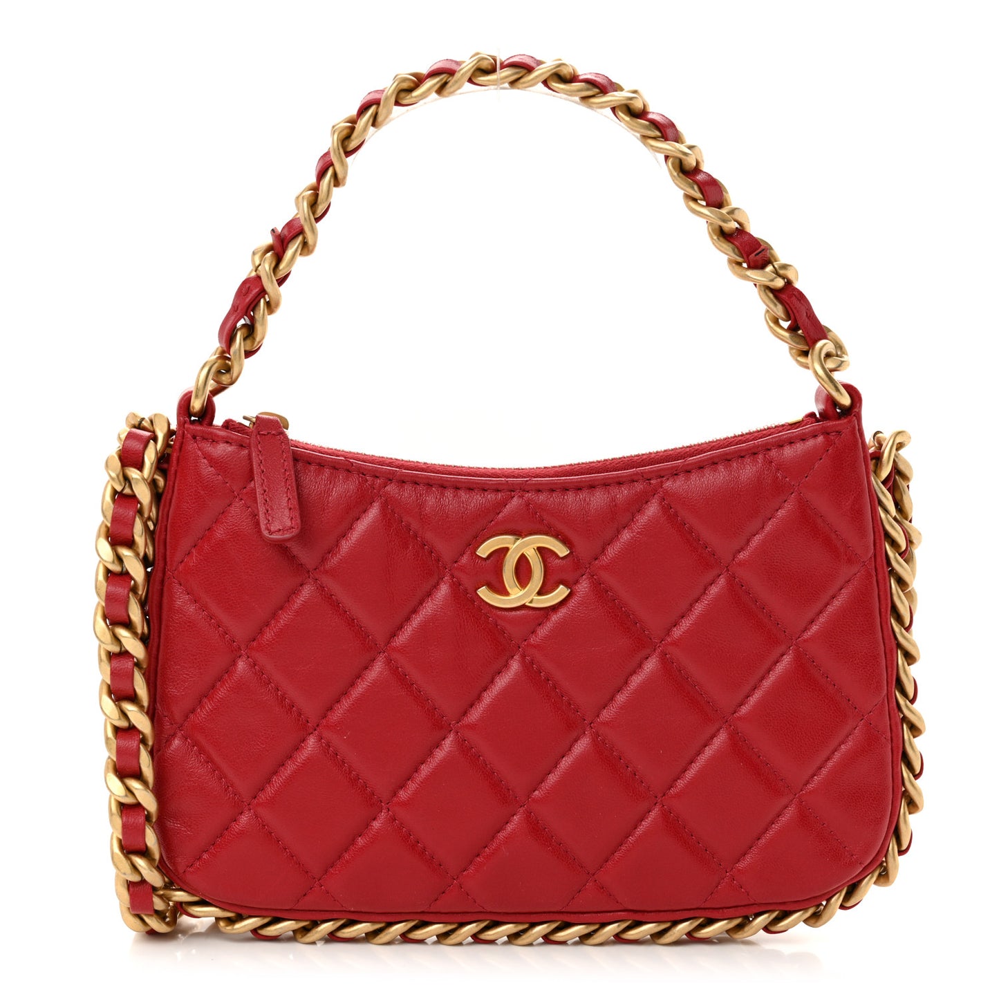 Shiny Crumpled Lambskin Quilted Trendy Chain Around Hobo Red