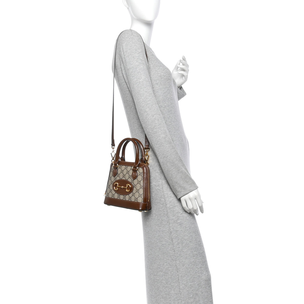 GG Supreme Monogram Azalea Calfskin Mini Horsebit 1955 Top Handle Bag Beige Ebony Brown Sugar