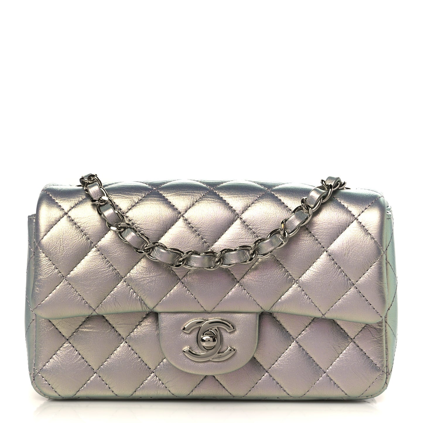 Iridescent Calfskin Quilted Mini Rectangular Flap Light Purple