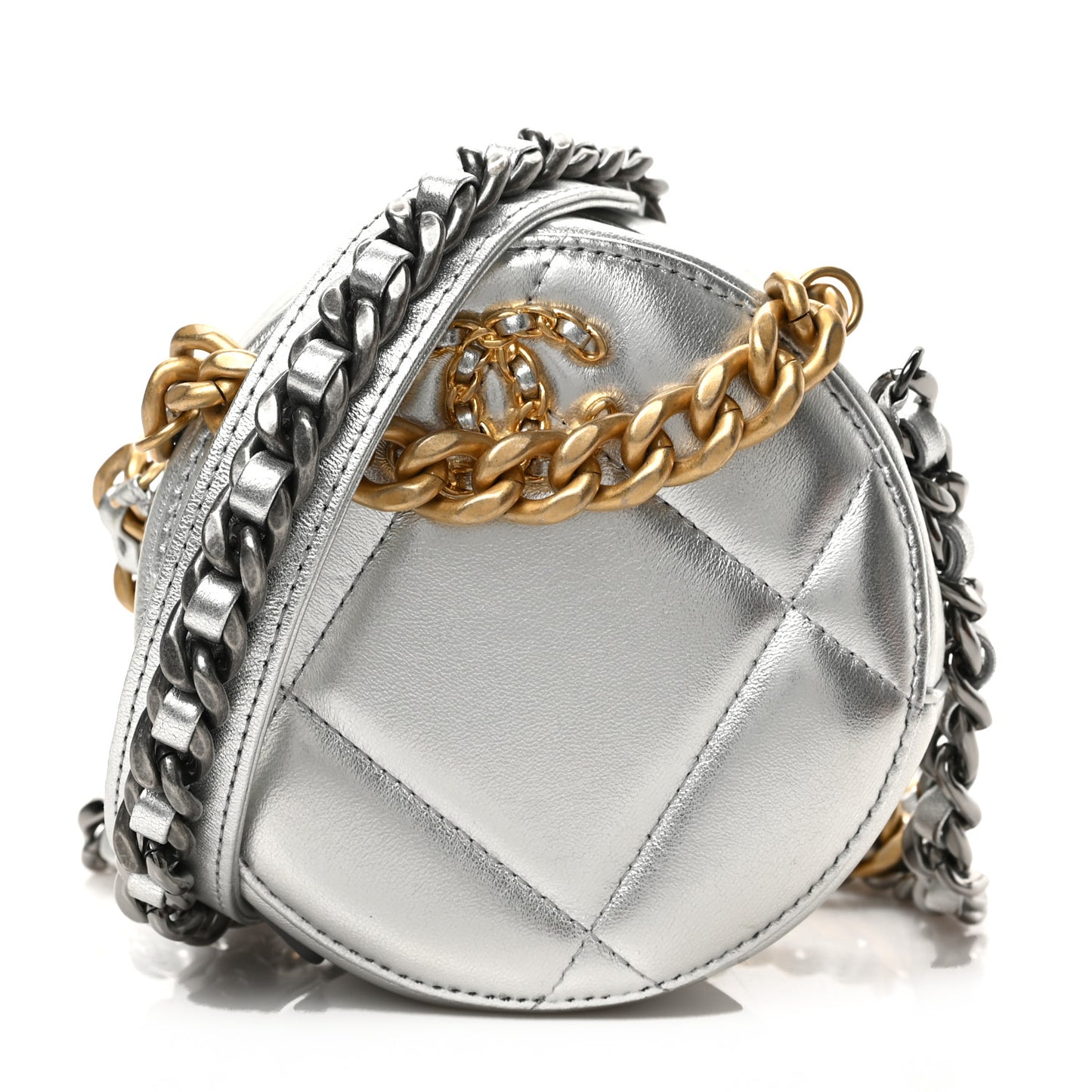 Metallic Lambskin Quilted Chanel 19 Round Clutch With Chain Silver