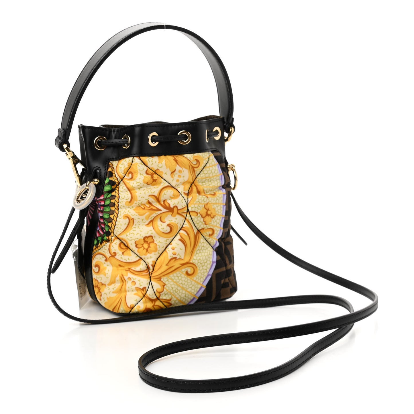 X VERSACE Silk Vitello Fendace FF Baroque Quilted Mini Mon Tresor Bucket Bag Gold Multicolor