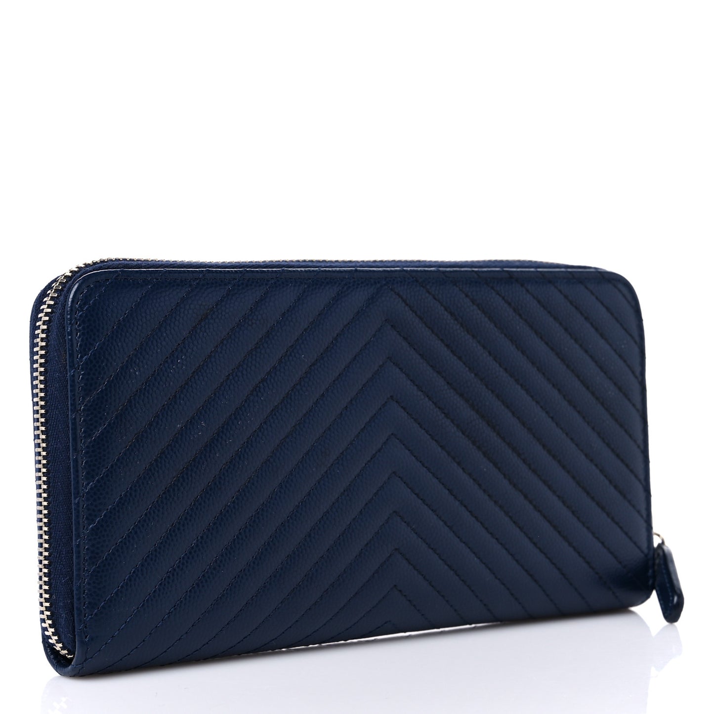 Caviar Chevron Quilted Large Gusset Zip Around Wallet Navy
