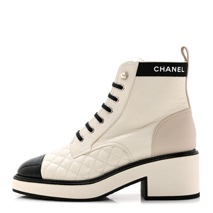 Chanel Pearly Calfskin Patent Calfskin Quilted Lace Up Boots 38.5 White Light Gray Black 1 of 16