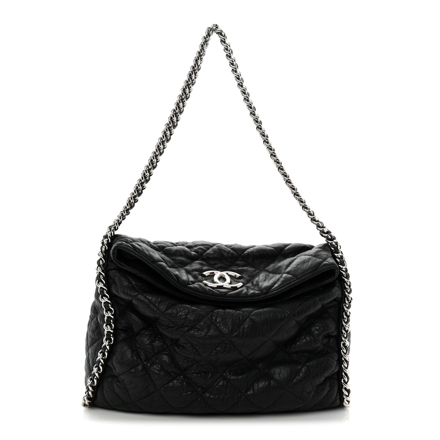 Washed Lambskin Chain Around Hobo Black