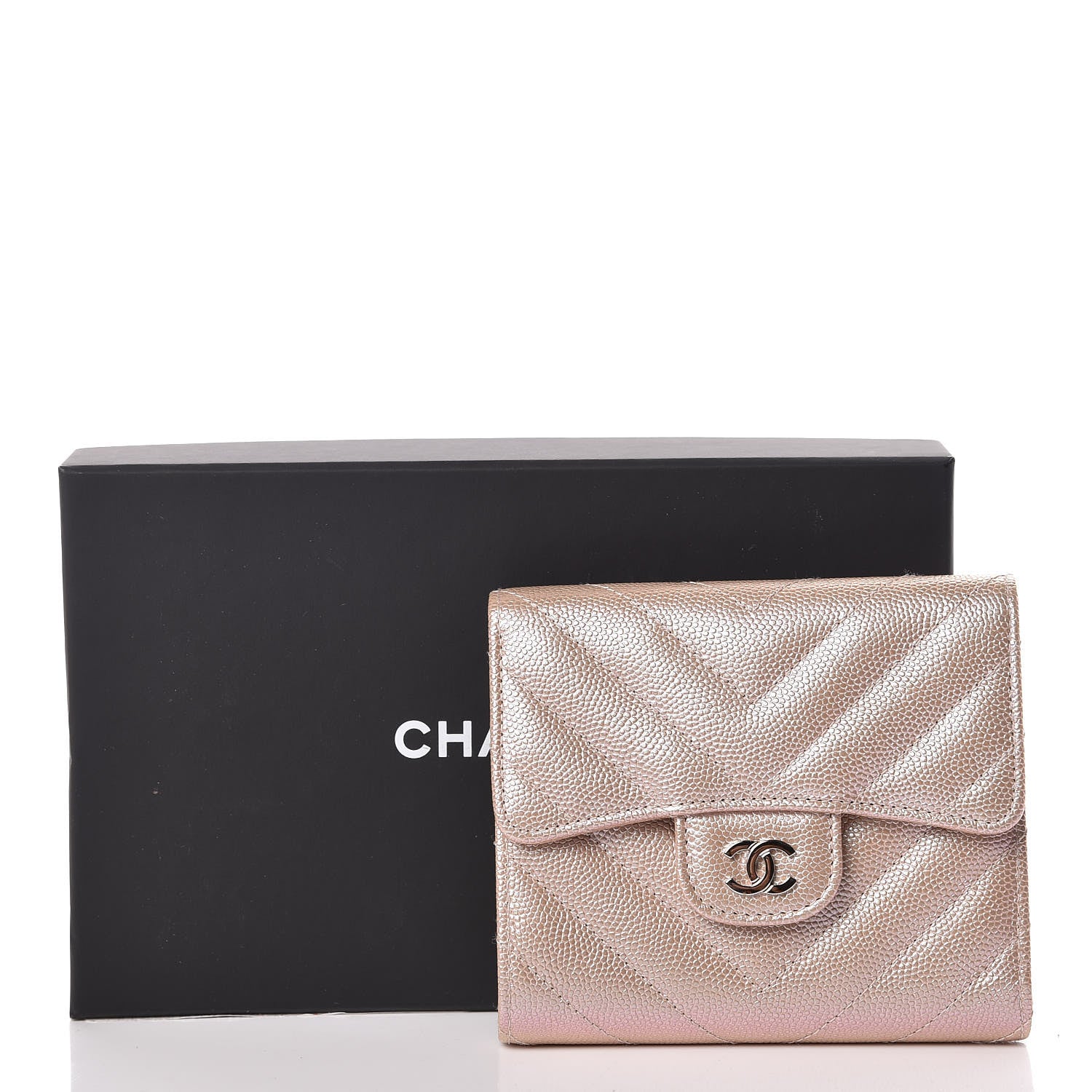 Chanel Metallic Caviar Chevron Quilted Compact Flap Wallet Light Gold 9 of 9