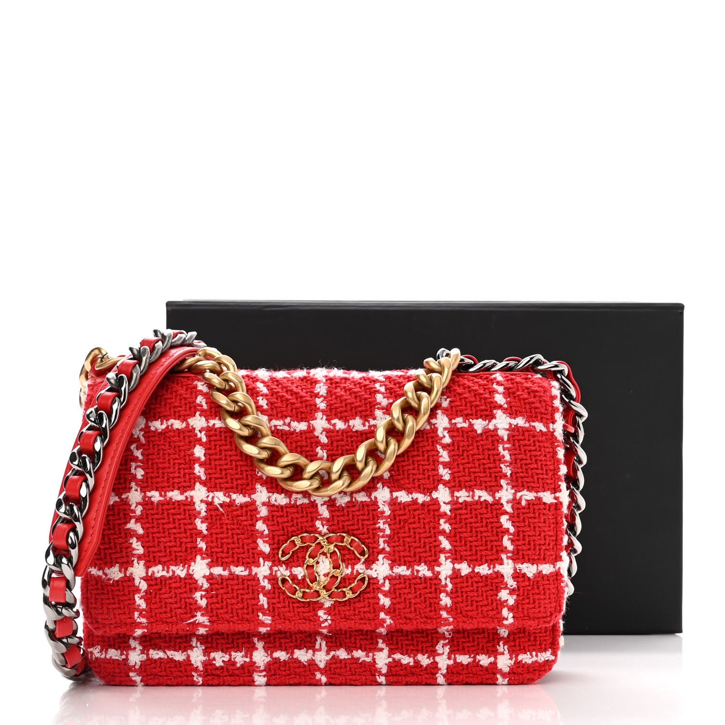 Tweed Quilted Chanel 19 Wallet On Chain WOC Red White