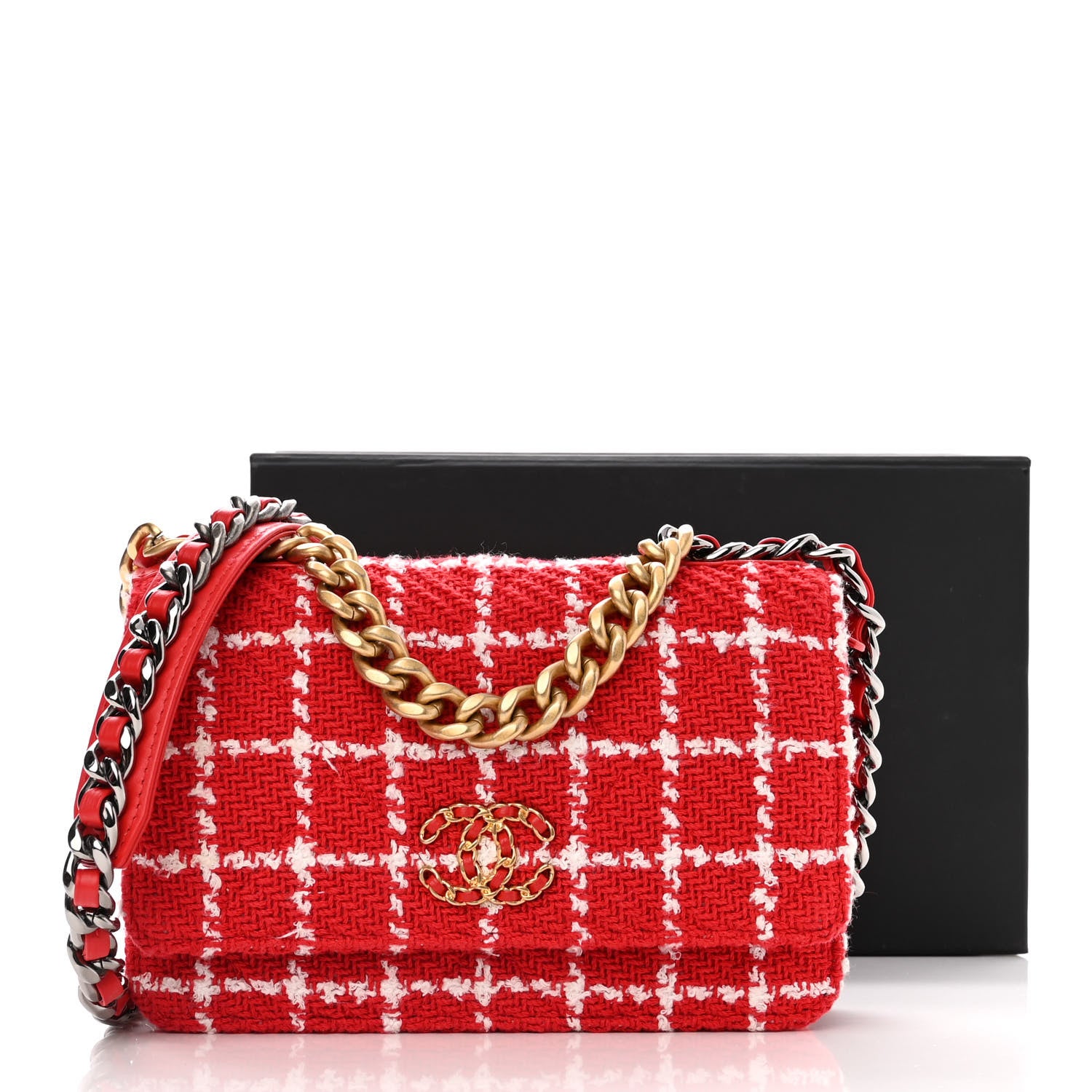 Chanel Tweed Quilted Chanel 19 Wallet On Chain WOC Red White 14 of 14