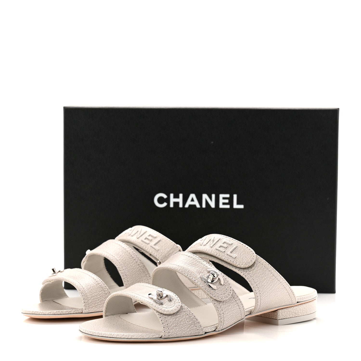 Chanel Iridescent Calfskin Logo CC Turnlock Sandals 37.5 Grey 10 of 10