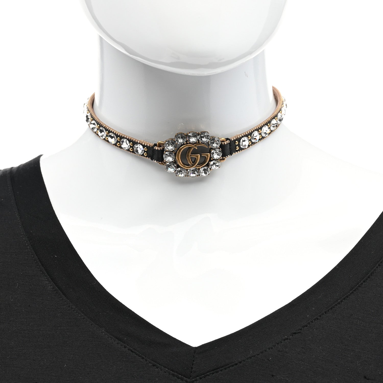 Gucci Calfskin Crystal Embellished Double G Choker Necklace Black 2 of 8