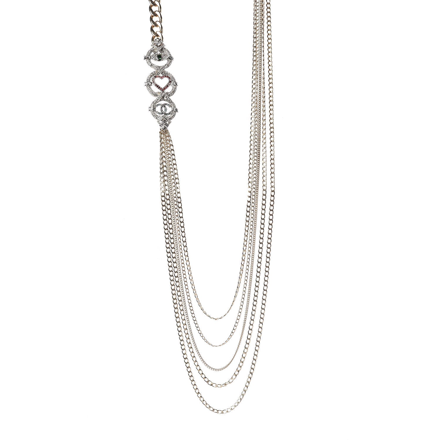 Chanel Crystal Eye Heart CC Multi Strand Chain Necklace Gold Green Pink Blue 1 of 6