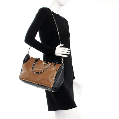Valentino Garavani Vitello Medium Rockstud Tote Brown Black 2 of 7