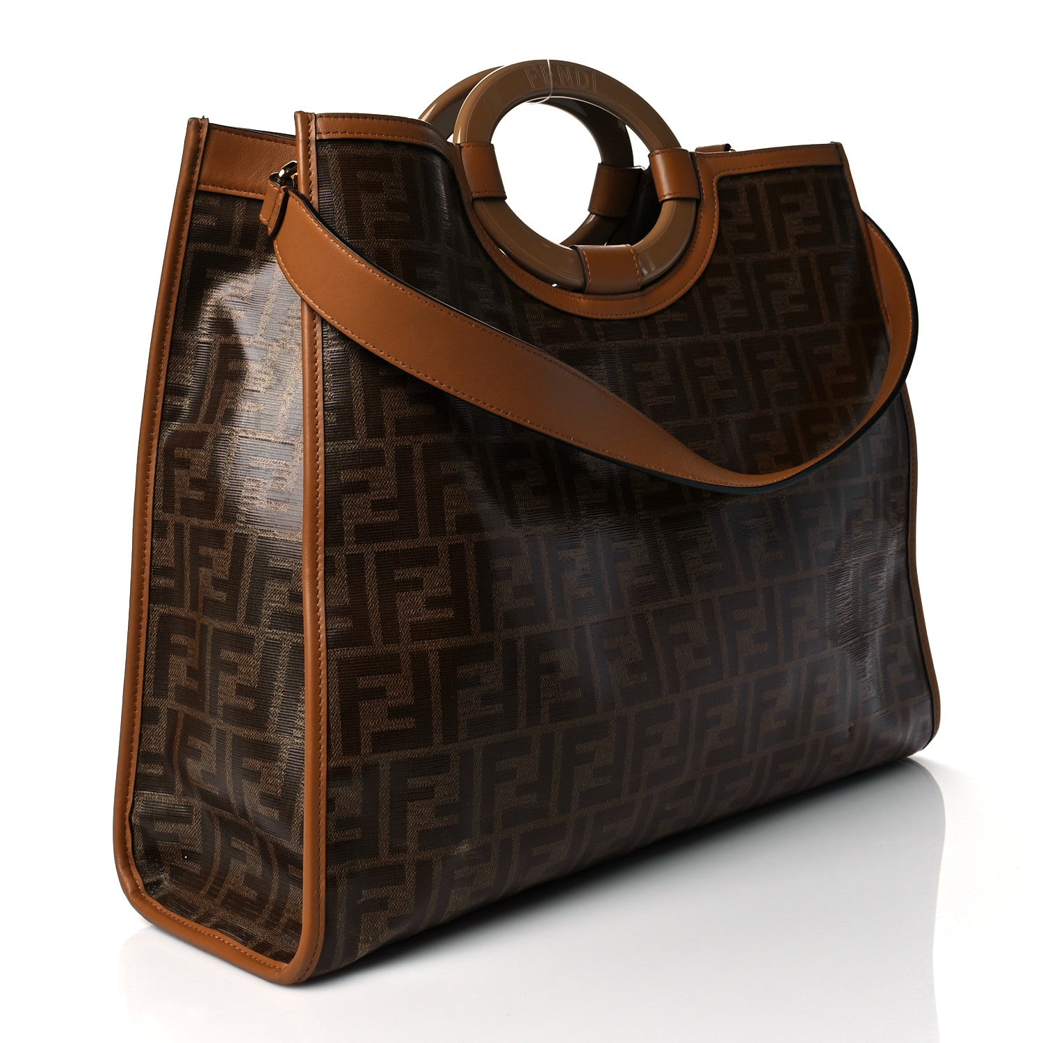 Fendi Glazed Fabric Vitello Century Plexiglass FF 1974 Stamp Patch Medium Runaway Shopper Tote Mogano Panna Nocciola 3 of 11