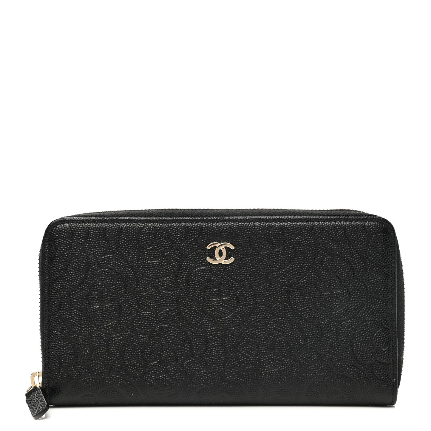 Caviar Camellia Embossed Large Zip Around Gusset Wallet Black